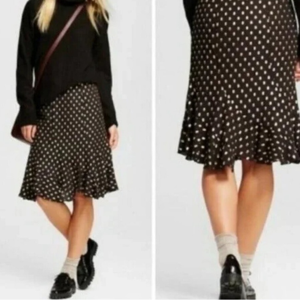 Who What Wear Polka Dot Swing Mid Length Skirt Black Gold Flounce Ruffle Trim